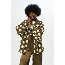 Orfeonegro Kadın Haki Renk Kolları Bağlamalı Puantiye Desenli Oversize Kesim Gömlek