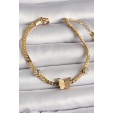 MCM Group 316L Çelik Gold Renk Yassı Zincir Zirkon Taşlı Simli Kelebek Figür Kadın Bileklik - Lisinya