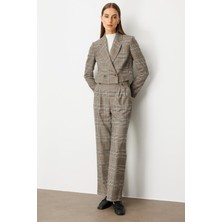 Ekol Kadın Beli Lastikli Ekoseli Pantolon 5077 Vizon