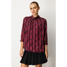 Ekol Kadın Göğsü Pencere Detaylı Desenli Bluz 3053 Bordo