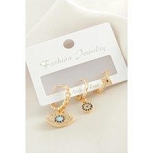 Gümüş Takıcım 3 Adet Oval Nazar Zirkon Taşlı Küpe