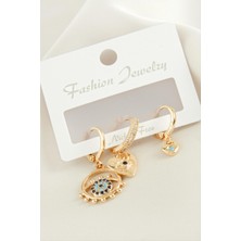 Gümüş Takıcım 3 Adet Kalp Nazar Zirkon Taşlı Küpe