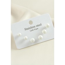 Gümüş Takıcım 6 Adet Çelik Inci Küpe