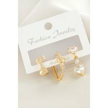 Gümüş Takıcım 3 Adet Kalp Zirkon Taşlı Küpe