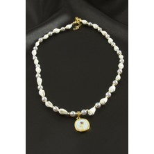 Gümüş Takıcım Çiçek Deniz Kabuğu Inci Mineli Kolye