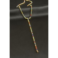 Gümüş Takıcım Şerit Taşlı Çelik Y Kolye 2 mm