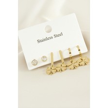 Gümüş Takıcım 6 Adet Yonca Zirkon Taşlı Lüks Çelik Küpe