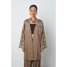 Orfeonegro Kadın Yakası ve Kolları Boncuk Işlemeli Oversize Uzun Kimono