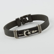 Gümüş Takıcım Ay Yıldız Kaliteli Suni Deri Bileklik