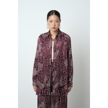 Orfeonegro Kadın Bordo Renk Puantiye Desenli Oversize Kesim Gömlek
