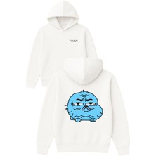 Vsrn Kedi Mavi Tasarım Baskılı Oversize Beyaz Kapüşonlu Sweatshirt