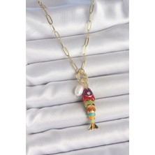 Claris İnci Detaylı Zirkon Taşlı Rainbow Balık Figürlü Gold Renk Pirinç Kolye