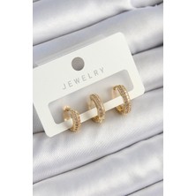 Claris Pirinç Zirkon Taşlı Yıldız Model Gold Renk 3'lü Çift Kadın Küpe Set