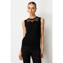 On Kadın Yakası Boncuklu Triko Bluz 60361 Siyah