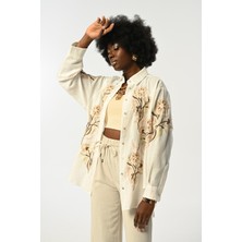 Orfeonegro Kadın Önü Pembe Çiçek Nakış Işlemeli Natur Renk Gömlek