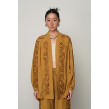 Orfeonegro Kadın Şerit Gül ve Taş Detaylı Düz Oversize Kimono