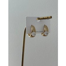 Marsel Beyaz Ay Taşı Kararmaz Gold Halka Çelik Küpe