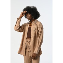 Orfeonegro Kadın Önü Taş Işlemeli Tek Cepli Karamel Rengi Gömlek