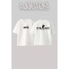 Anetos Cs Go Tasarım Sırt Baskılı Pamuk Beyaz Oversize T-Shirt