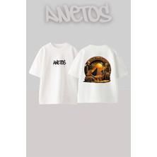 Anetos Egypt 3 Tasarım Sırt Baskılı Pamuk Beyaz Oversize T-Shirt