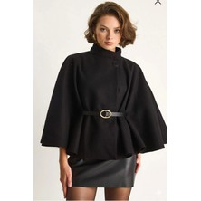 Vellichor Kadın Kemerli Kaşe Panço- Siyah