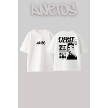 Anetos Fıght Clup 3 Tasarım Sırt Baskılı Pamuk Beyaz Oversize T-Shirt