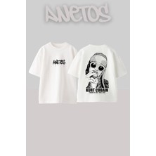 Anetos Kurt Cobaın 5 Tasarım Sırt Baskılı Pamuk Beyaz Oversize T-Shirt