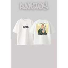 Anetos Kurt Cobaın Gta Tasarım Sırt Baskılı Pamuk Beyaz Oversize T-Shirt