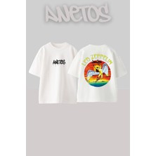 Anetos LED Zeppelin 8 Tasarım Sırt Baskılı Pamuk Beyaz Oversize T-Shirt