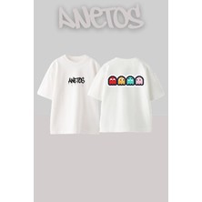 Anetos Pac Man Tasarım Sırt Baskılı Pamuk Beyaz Oversize T-Shirt
