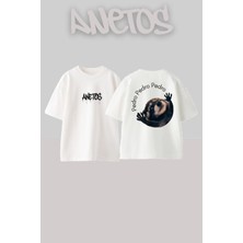 Anetos Pedro Rakun Tasarım Sırt Baskılı Pamuk Beyaz Oversize T-Shirt