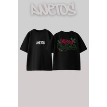 Anetos Merry Christmas Tasarım Sırt Baskılı Pamuk Siyah Oversize T-Shirt