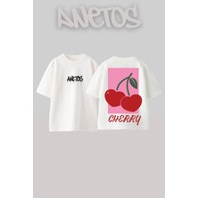 Anetos Cherry Love Tasarım Sırt Baskılı Pamuk Beyaz Oversize T-Shirt