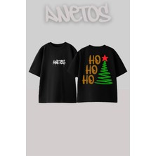 Anetos Hohoho Tasarım Sırt Baskılı Pamuk Siyah Oversize T-Shirt