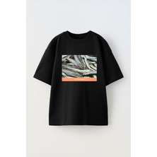 Anetos Hamsi Baskılı Ünisex Pamuk Siyah Oversize T Shirt