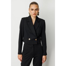 Ekol Kadın Kruvaze Yaka Crop Ceket 5029 Siyah