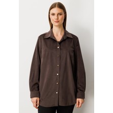 Ekol Kadın Büyük Beden Ince Fitilli Kadife Gömlek 3545 Kahverengi