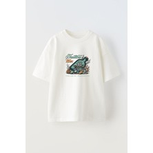 Anetos Ship In Bottle Nautical Ön Baskılı Pamuk Beyaz Oversize T Shirt