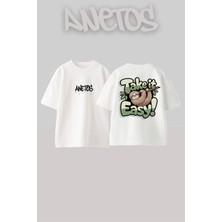 Anetos Take It Easy Tasarım Sırt Baskılı Pamuk Beyaz Oversize T-Shirt