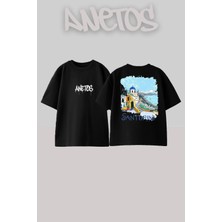Anetos Santorını Tasarım Sırt Baskılı Pamuk Siyah Oversize T-Shirt