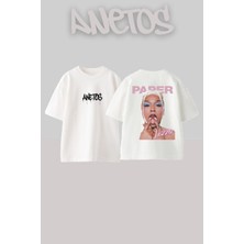 Anetos Paper Tasarım Sırt Baskılı Pamuk Beyaz Oversize T-Shirt
