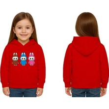 Sedirli Unisex Baskılı Çocuk Swaetshirt Labubu Baskılı Kapüşonlu 3 Iplik Şardonlu