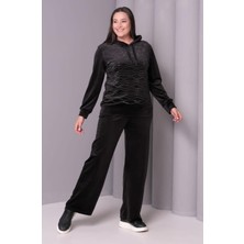 Şans Kadın Büyük Beden Siyah, Kapüşonlu Taş Işli Kadife Eşofman Takım 65N39182