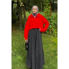 Lamelif Yaka Fermuarlı Crop Triko Kazak Nar Çiçeği