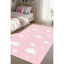 The Reef Design Pembe Renkli Rüya Bulutlu  Kız Çocuk Odası Halısı Dijital Baskılı Dokuma Kaymaz Taban Yıkanabilir Antialerjik