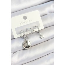 Claris Pirinç Zirkon Taşlı Sallantılı Yıldız Model Gümüş Renk 3'lü Çift Kadın Küpe Set