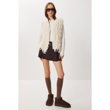 Happiness İstanbul Saçaklı Triko Yelek LNS0093 Kemik