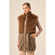 Ftz Women Bayan Pelüs Detay Deri Yelek  Kahve 31243