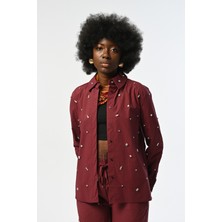 Orfeonegro Kadın Önü ve Kolları Taşlı Pamuklu Bordo Renk Gömlek