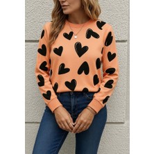 Arben Boutique Kadın Uzun Kollu Bisiklet Yaka Kalp Desenli Iki Iplik Bluz